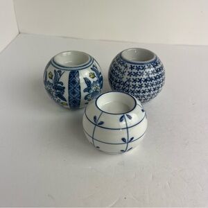 Blue White Orb Tea Light Candle Holders Porcelain Floral Set of 3